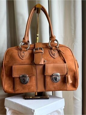 Tan Suede and Satchel Handbag with Silver Hardware